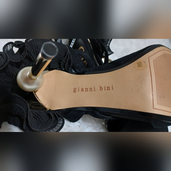 Black Suede Ankle Strap Dress Pumps with 3.5" gold-tone heels & ruffle detail - Picture 8 of 11